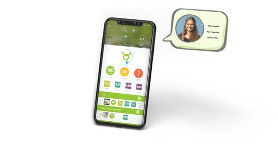 Darstellung eines Telefons mit geöffneter mySugr-App und einer Chatblase neben dem Telefon, getrennt durch ein Pluszeichen.